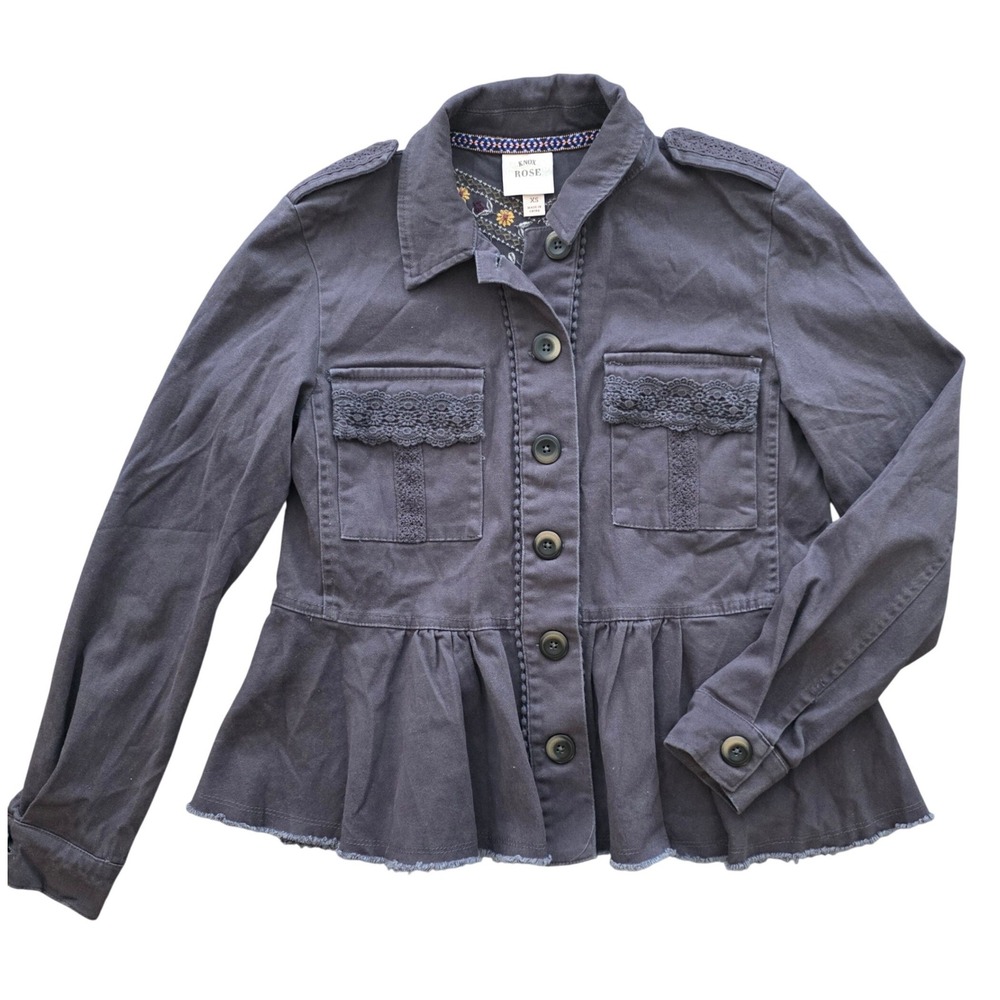 Boho Chic Charcoal Gray Peplum Embroidered Utility Jacket By Knox Rose Size XS